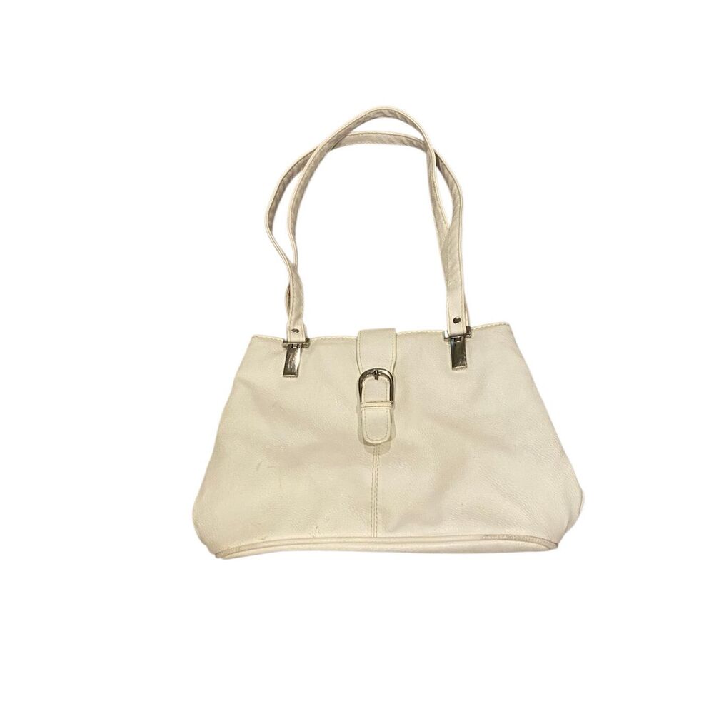 White Faux Leather Tote Shoulder Bag Magnetic Closure Multi Pocket Handbag